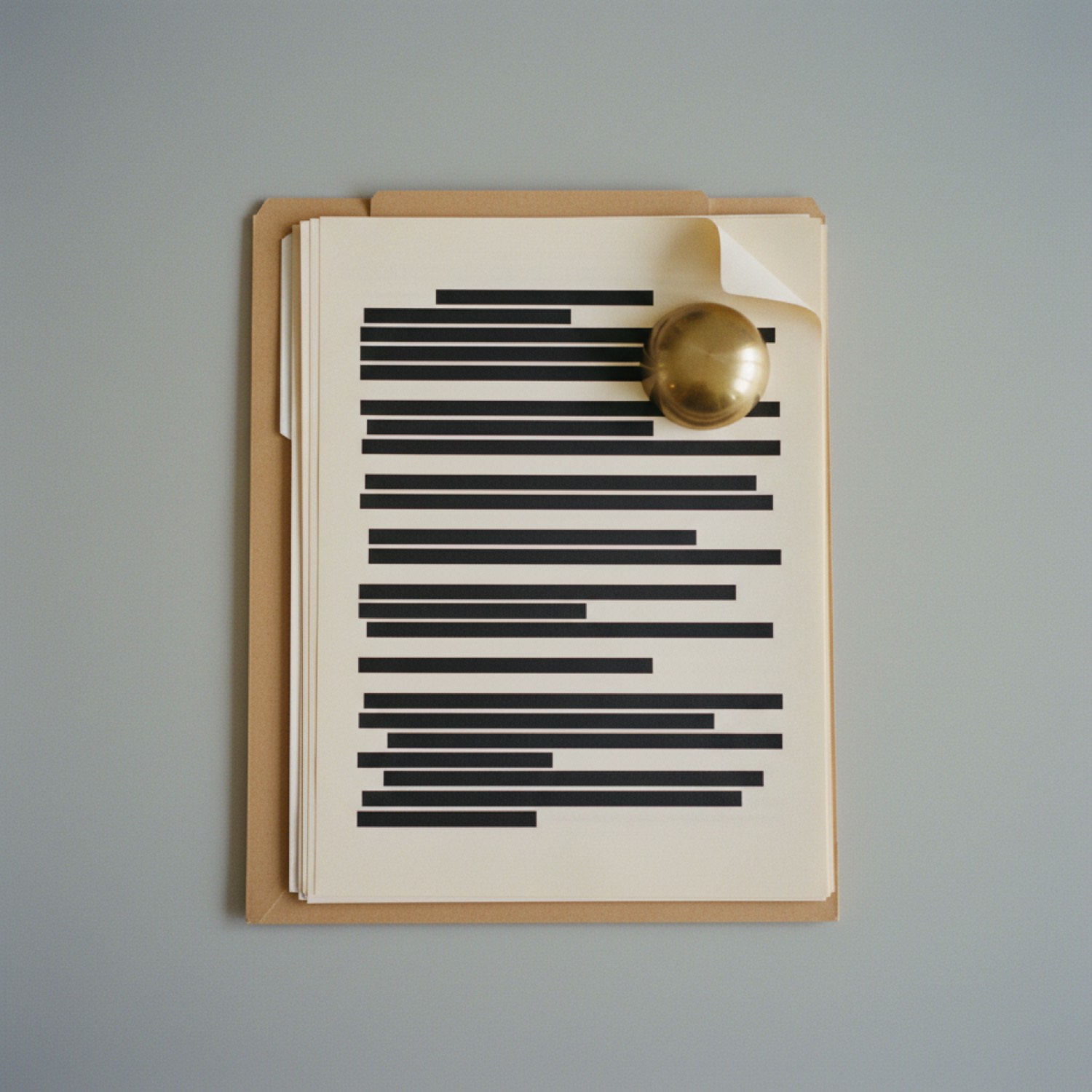 An opened file of redacted documents under soft daylight