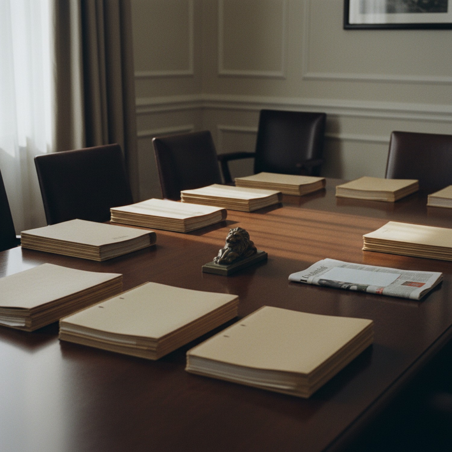 A quiet meeting room with client files on the table