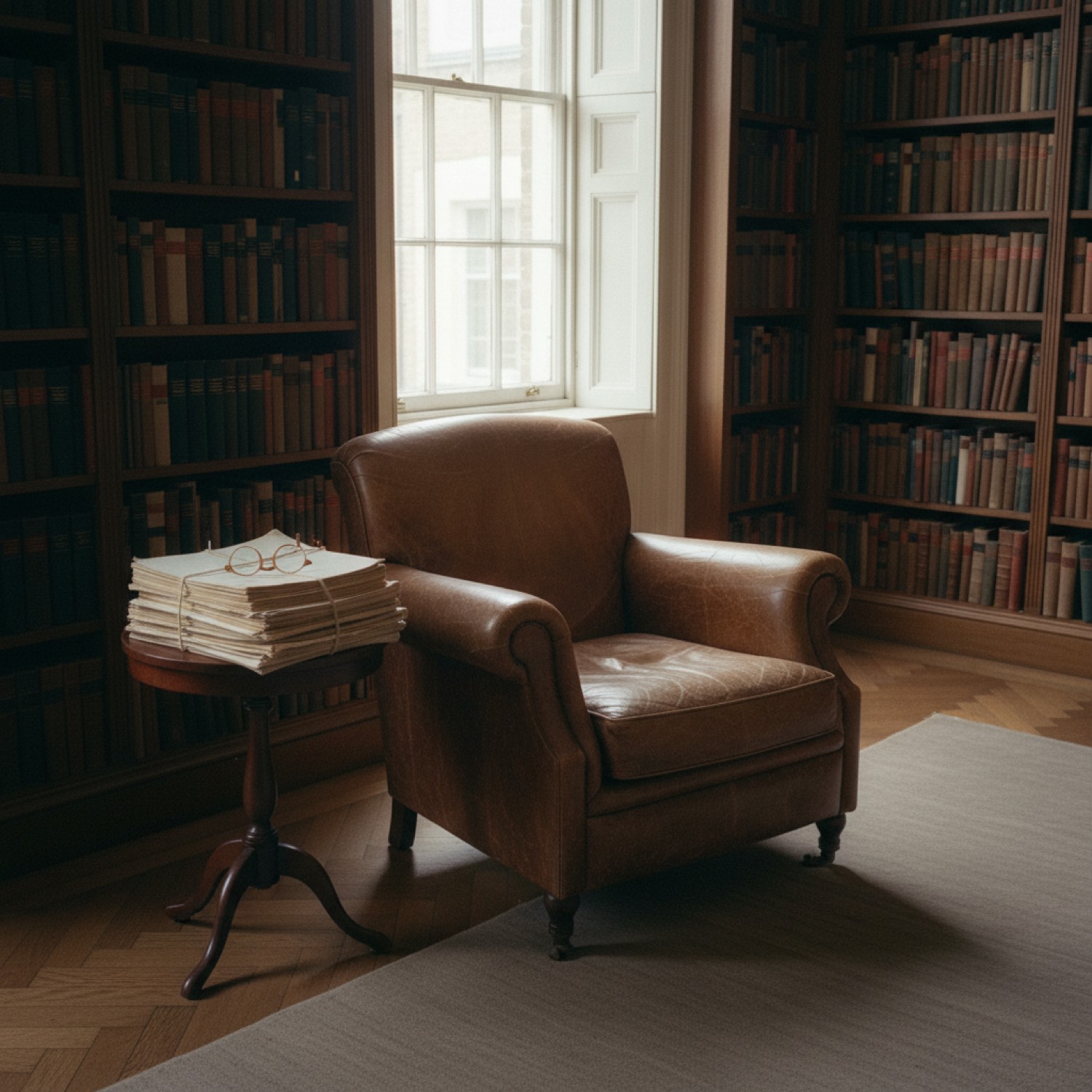A reading chair by a library window with printed journals